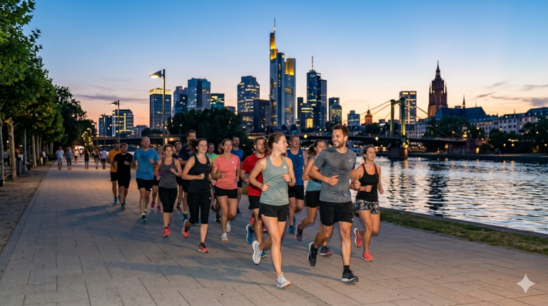 Internationale Laufgruppe der Frankfurt Runners plaudert und lacht bei einem gemeinsamen Sonnenuntergangslauf am Mainufer vor der Frankfurter Skyline.