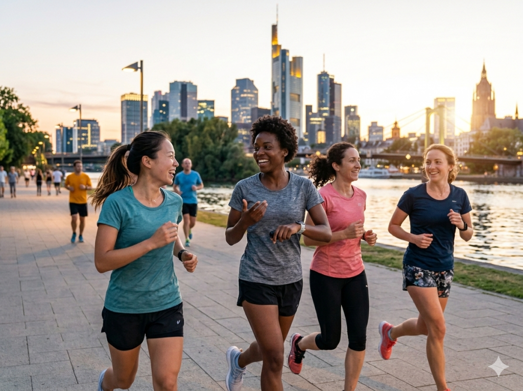 Nahaufnahme einer gemischten, internationalen Gruppe der Frankfurt Runners, die entspannt und plaudernd am Mainufer entlangläuft.