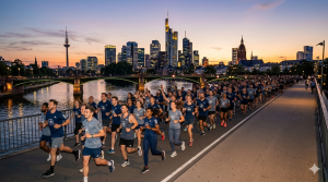 Riesige Gruppe der Adidas Runners Frankfurt beim gemeinsamen Social Run über die Mainbrücke bei Sonnenuntergang vor der Frankfurter Skyline.