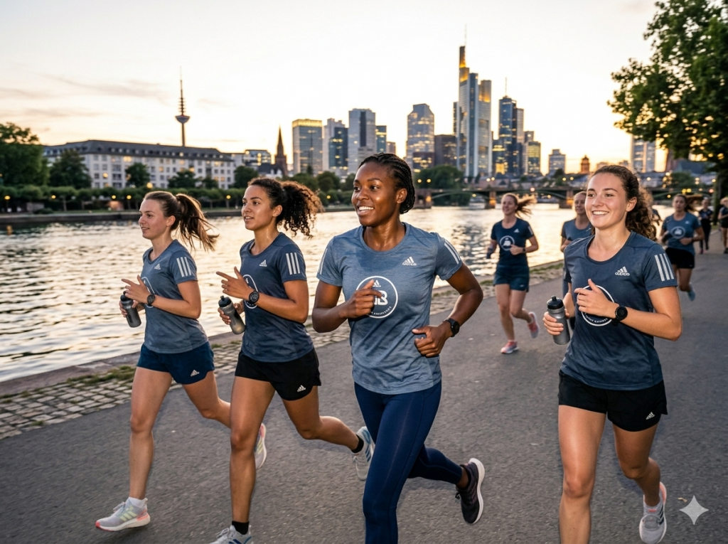 Vier Läuferinnen der Adidas Runners Frankfurt beim Women’s Run Training entlang des Mains in Frankfurt am Main.