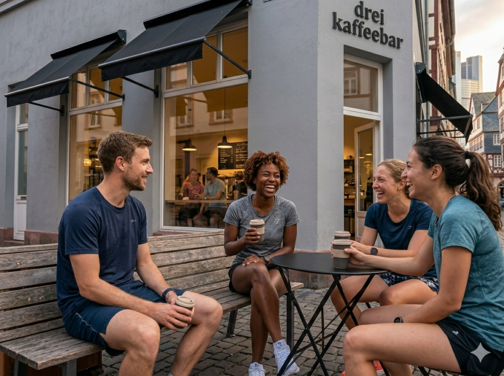 Läufer des irregular practice run club, die nach dem Lauf Kaffee vor der drei kaffeebar in Frankfurt genießen.