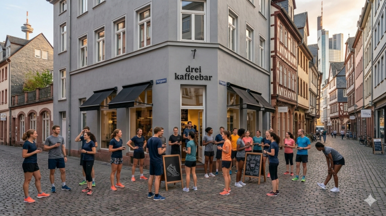 Die urbane Lauf-Crew des irregular practice run club vor der drei kaffeebar in der Frankfurter Fahrgasse