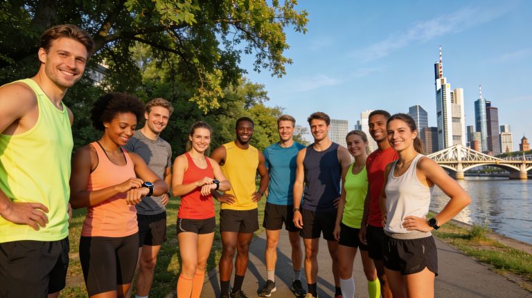 Diversen, internationalen Gruppe von 15-20 Läufern des RightNOW Run Clubs, die sich samstags in einem urbanen Frankfurter Park oder am Mainufer versammelt haben. Sie stehen entspannt zusammen, lächeln, dehnen sich und checken Uhren bei sonnigem Spätsommermorgen-Licht mit blauen Himmel, grünen Bäumen und ferner Frankfurter Skyline.