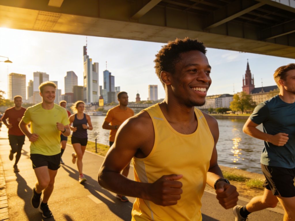 Gemischte, internationale Laufgruppe von 8-12 Läufern des RightNOW Run Clubs in lockerer Formation samstags. Sie high-fiven sich, teilen Sprüche oder checken die App bei sonnigem Vormittagslicht am Mainufer oder in einem Park, mit städtischem Frankfurter Hintergrund – Vielfalt in Ethnien und entspannte, energiegeladene Gesichter.