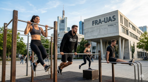 Calisthenics-Gruppe beim Outdoor-Training an Klimmzugstangen auf dem Campus der Frankfurt UAS mit der Frankfurter Skyline im Hintergrund.