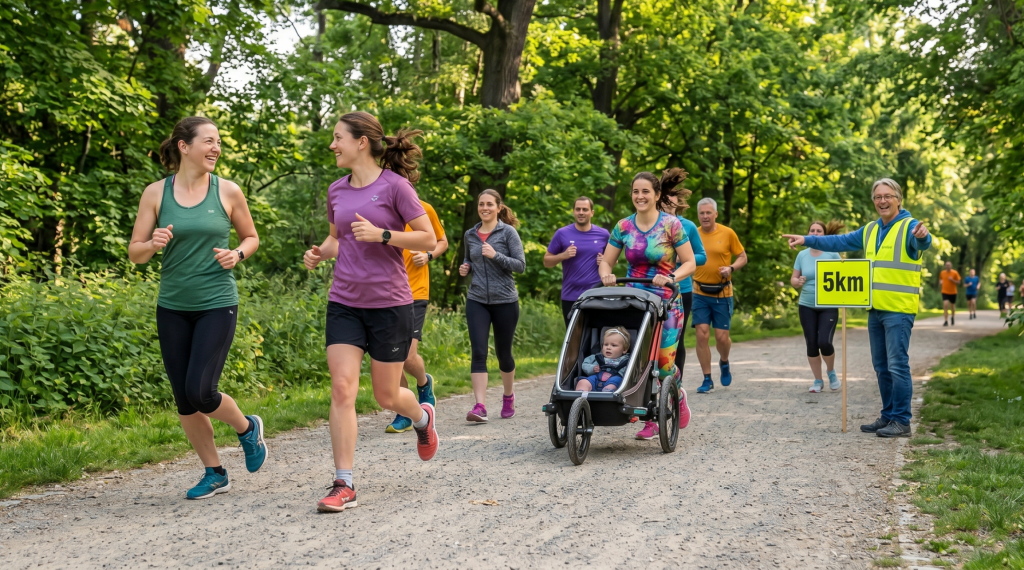 Läufer von Nidda parkrun im Niddapark – entspannter Community-Run bei sonnigem Wetter.