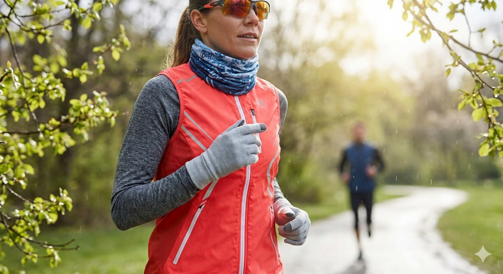 Nahaufnahme einer Läuferin, die leichte Laufhandschuhe, ein blau gemustertes Multifunktionstuch (als Halswärmer) und eine Sportsonnenbrille trägt. Sie läuft im Park.