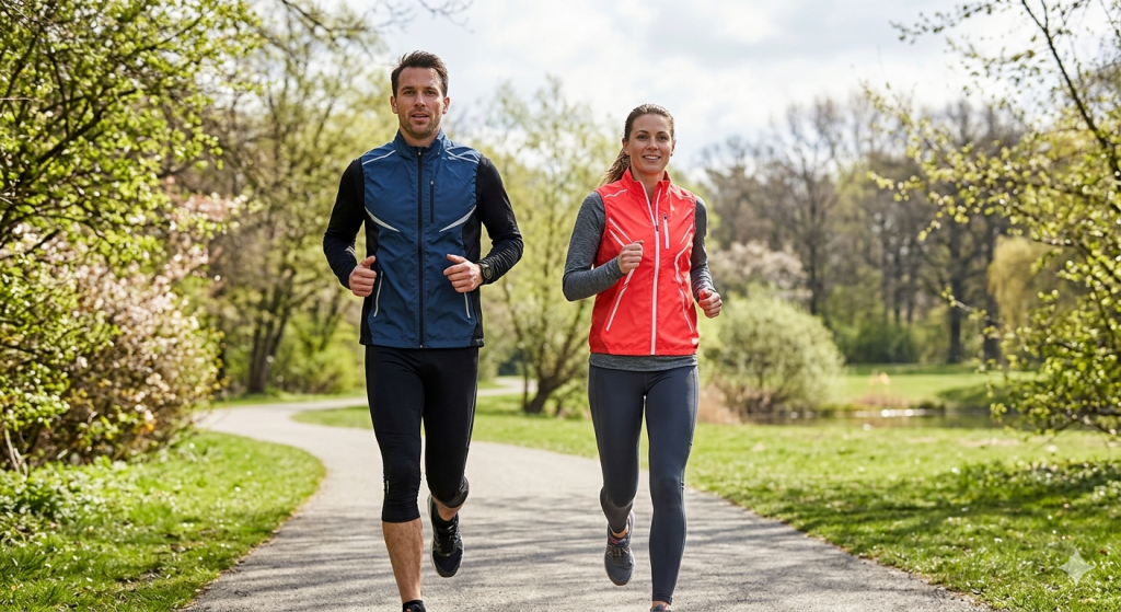 Ein Mann und eine Frau laufen gemeinsam auf einem Parkweg im Frühling. Beide tragen funktionale Laufwesten (blau und coral-rot) über Langarmshirts, kombiniert mit 3/4-Tights und Laufschuhen. Die Westen sind leicht und bieten Bewegungsfreiheit für die Arme.