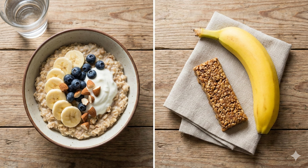 Sporternährung für Läufer: Haferflocken mit Banane als große Mahlzeit vor dem Lauf und ein Energieriegel als schneller Snack auf einem Holztisch.