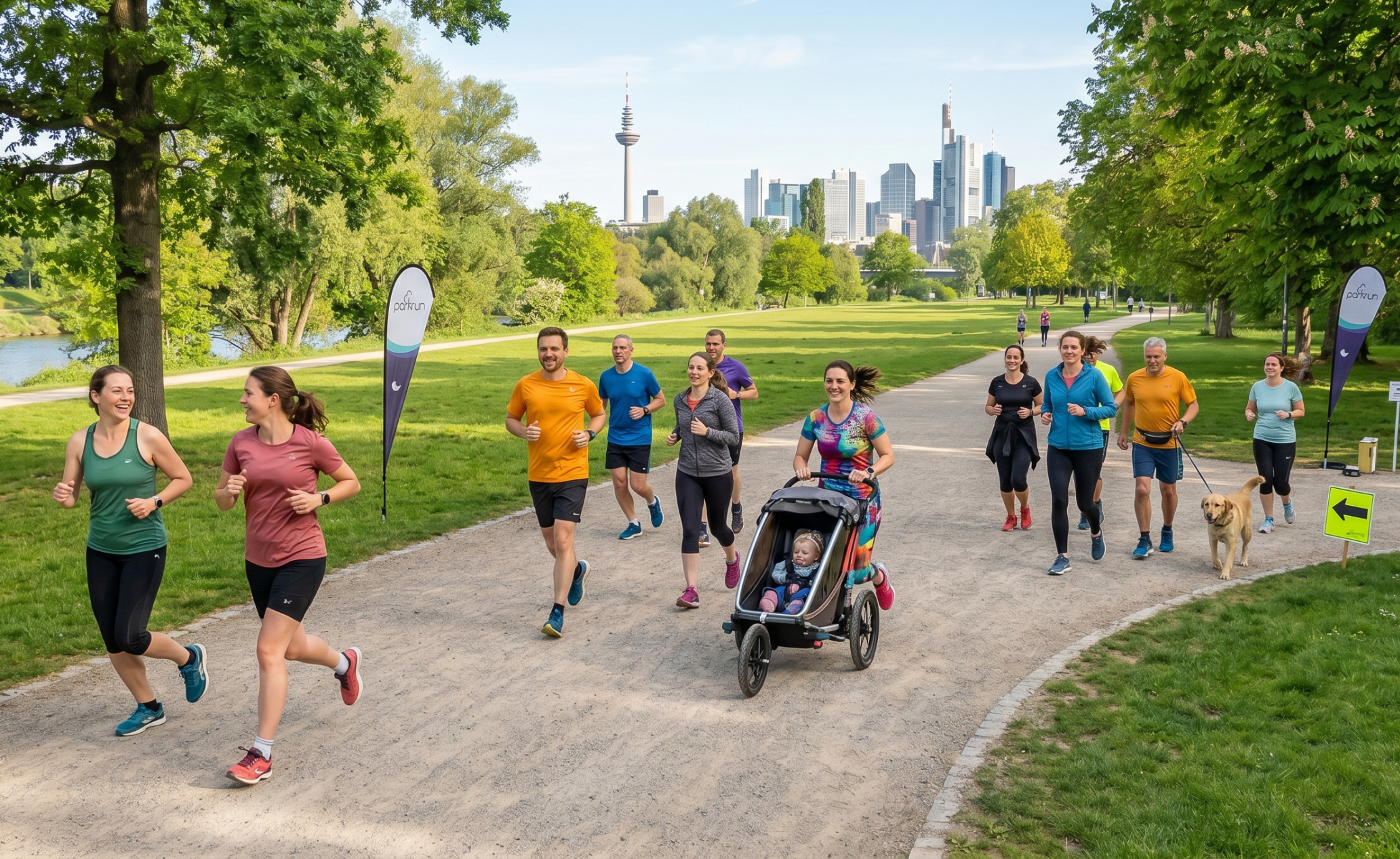Gruppe motivierter Läufer vor Nidda parkrun Schild im sonnigen Niddapark, Frankfurt – kleiner Startmoment um 9 Uhr.