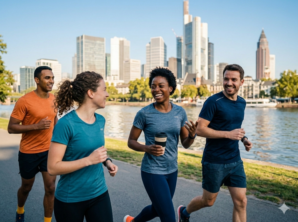 Läuferinnen und Läufer der CNDO x Frankfurt Crew beim 'chatty' Sunday Runday am Mainufer vor der Frankfurter Skyline.