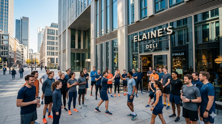 CNDO x Frankfurt Laufgruppe beim Treffen vor Elaine's Deli am Taunusturm für den Sunday Runday.