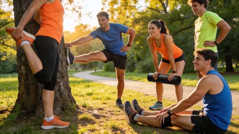 Läufergruppe dehnt nach Training: Waden, Hüftbeuger & Faszienrolle im Park. Die ultimative Regeneration für Hobbyläufer und Anfänger