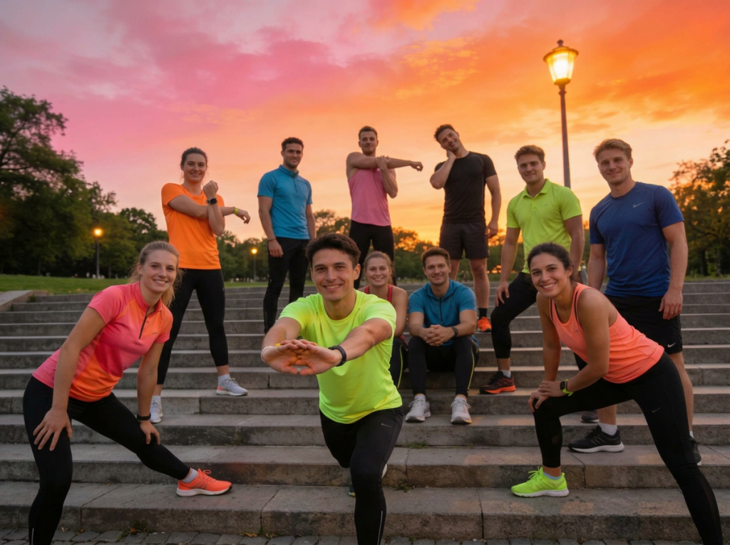 Gruppe von etwa 10 Sportlern der Social Workout Crew auf den Stufen einer Außentreppe im Ostendpark bei Dämmerung. Sie wärmen sich in dynamischen Posen auf – mit Armkreisen, Dehnübungen und lockerem Posieren – bei warmem Sonnenuntergangshimmel und Laternenlicht, voller Gemeinschaftsgefühl und Energie.