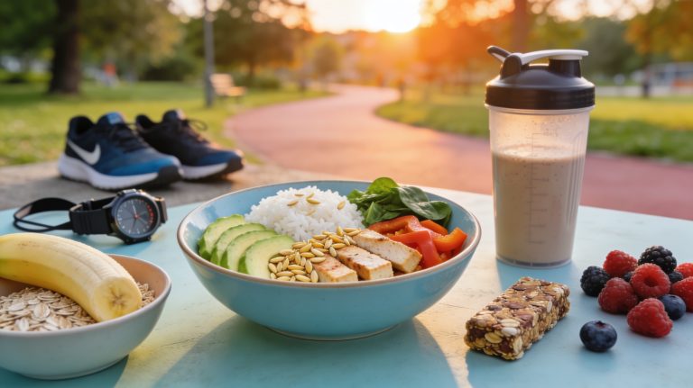 Ernährung vor und nach dem Laufen: Recovery-Bowl mit Reis und Avocado, Banane mit Haferflocken, Energieriegel, Proteinshake – Sporternährung für Läufer
