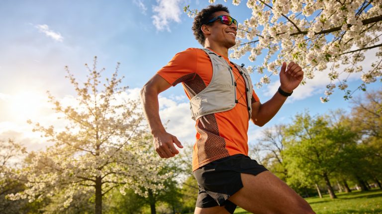 Laufbekleidung Frühling: Läufer in Laufweste vor Kirschblüten. Layering für wechselhaftes Wetter
