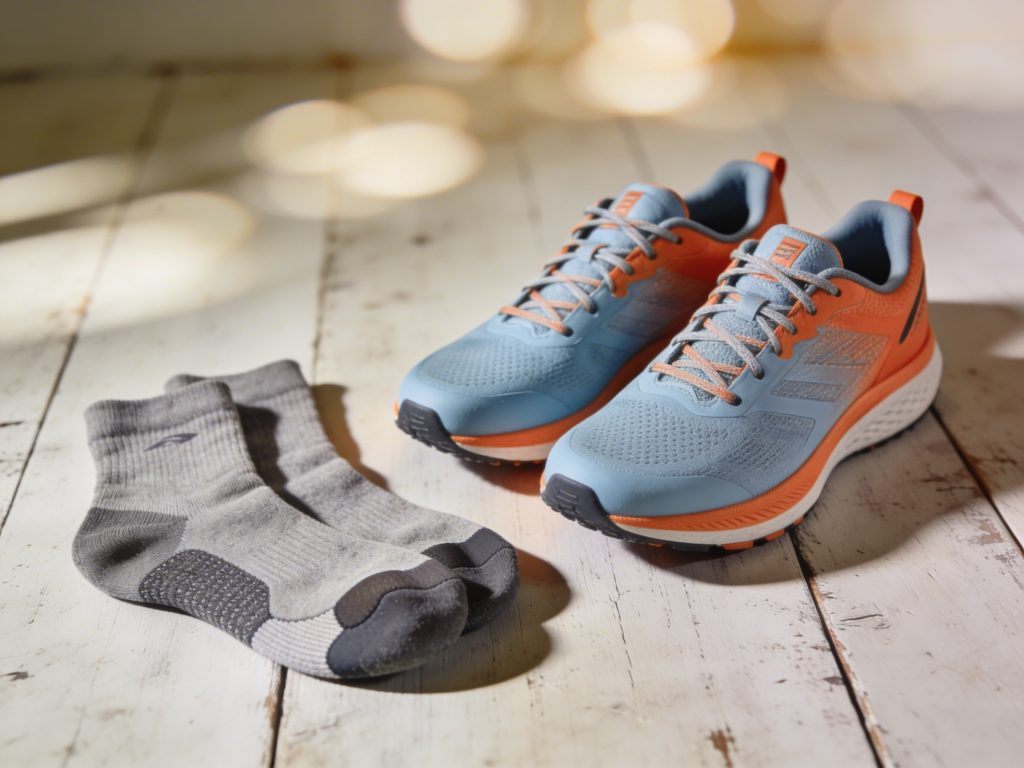 Modernen hellblauen Laufschuhen – ideale Laufschuhe für Anfänger zur Vermeidung von Blasen.