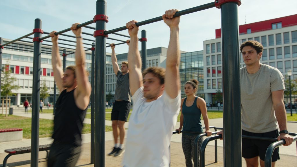 Gruppe von Sportlerinnen und Sportlern beim Calisthenics‑Training an einer Freiluft‑Pull‑up‑ und Dip‑Anlage auf dem Campus der Frankfurt University of Applied Sciences (UAS).