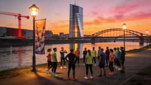 Weitwinkelaufnahme der Social Workout Crew bei Dämmerung im Ostendpark: Eine energiegeladene Gruppe von etwa 20 Sportlern in bunter Trainingskleidung versammelt sich auf der gepflasterten Fläche. Im Hintergrund spiegeln sich warme Sonnenuntergangsfarben im Glasturm der EZB, mit sichtbarer Deutschherrnbrücke und rotem Baukran. Vorne leuchten Laternen und eine Fahne mit abstraktem Muster.