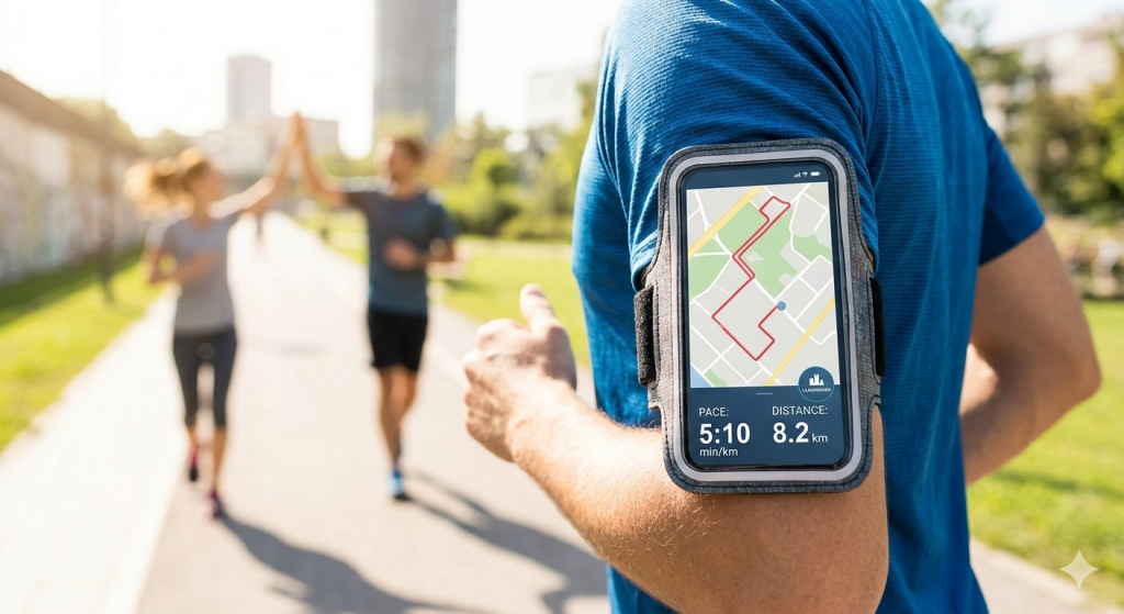Nahaufnahme eines Smartphones am Oberarm eines Läufers: Eine GPS-Laufkarte und Daten wie Pace und Distanz sind sichtbar, perfekt für die kostenlose Nutzung von Strava im Jahr 2026.