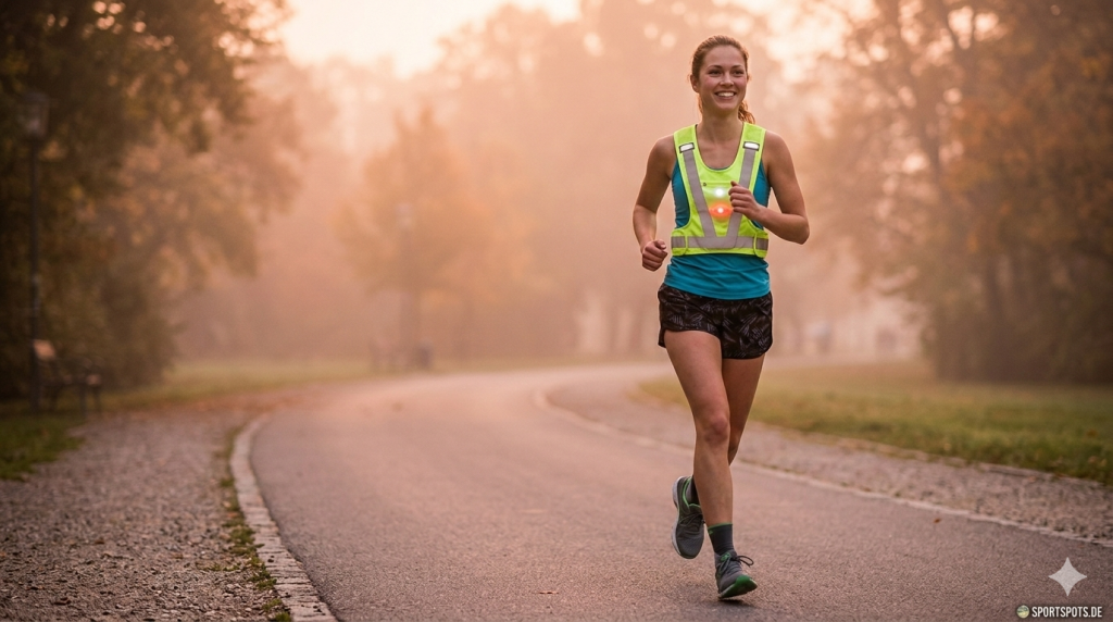 Glückliche Läuferin in neon-gelber Laufweste mit deutlich sichtbaren Reflektorstreifen über ihrem blauen Shirt läuft entspannt auf einem asphaltierten Parkweg in der frühen Morgendämmerung. Sie lächelt leicht und schaut nach vorne, wirkt fit und sicher. Der Hintergrund (Bäume im Nebel) ist unscharf, um die Bewegung und die Läuferin hervorzuheben. Das Bild strahlt Sicherheit, Motivation und Freude am Laufen aus.