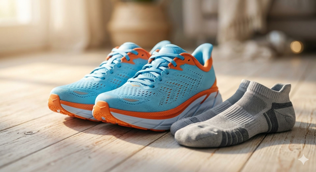 Moderne Laufschuhe in Blau und Orange sowie graue Laufsocken mit Polsterung auf Holzboden – ideale Grundausstattung für Laufanfänger.