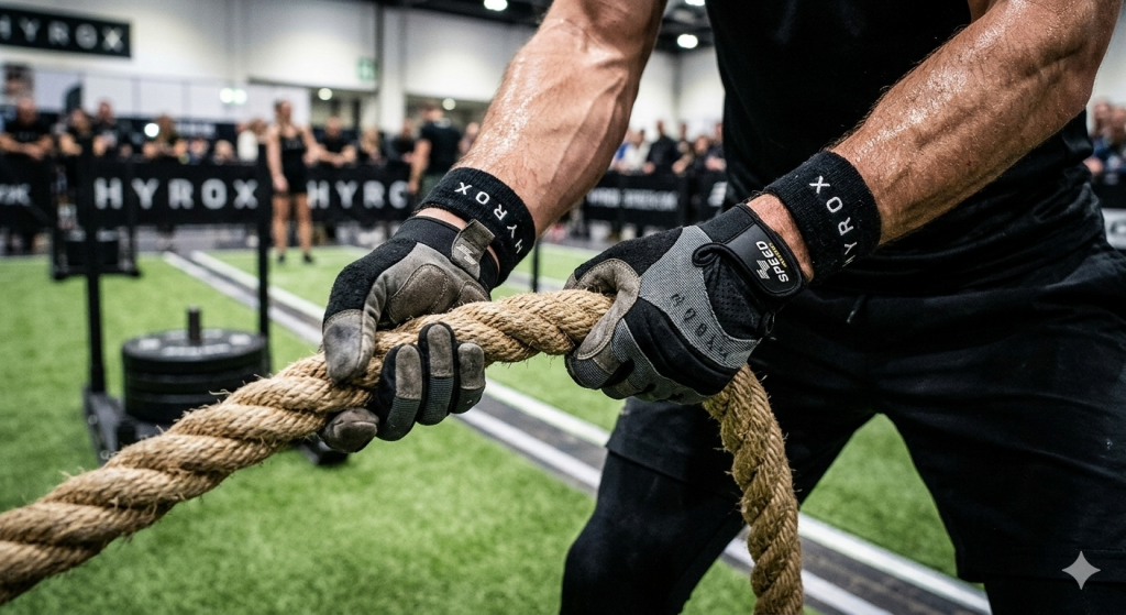 Detailaufnahme eines HYROX-Athleten, dessen behandschuhte Hände ein dickes Seil beim Sled Pull greifen. Die strapazierfähigen Handschuhe schützen vor Blasenbildung beim Ziehen.