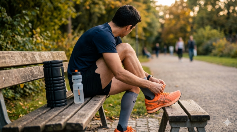 Läufer bereitet sich auf einer Parkbank sitzend auf sein Training vor, im Fokus das Binden der Laufschuhe sowie eine Faszienrolle und Trinkflasche für die Regeneration nach dem Laufen.