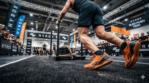 bei einem HYROX-Wettkampf in einer Messehalle: Ein Athlet schiebt kraftvoll einen gewichtsbeladenen Schlitten über einen schwarzen Teppich. Im gestochen scharfen Vordergrund bohrt sich ein orangefarbener Reebok-Schuh fest in den Boden, um Grip zu erzeugen, während der Athleten-Oberkörper und der Hintergrund (Zuschauer, Banner, Beleuchtung) in dynamischer Unschärfe verschwimmen.