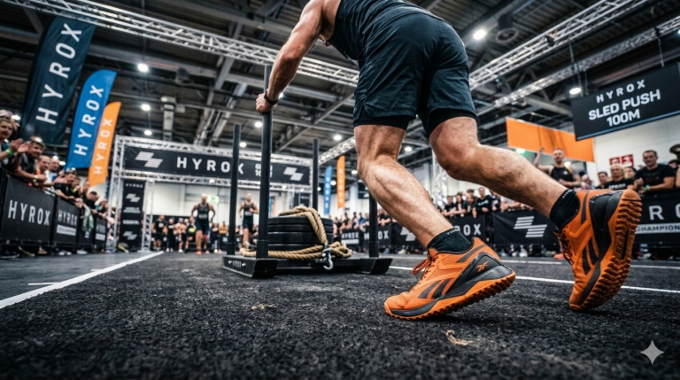 bei einem HYROX-Wettkampf in einer Messehalle: Ein Athlet schiebt kraftvoll einen gewichtsbeladenen Schlitten über einen schwarzen Teppich. Im gestochen scharfen Vordergrund bohrt sich ein orangefarbener Reebok-Schuh fest in den Boden, um Grip zu erzeugen, während der Athleten-Oberkörper und der Hintergrund (Zuschauer, Banner, Beleuchtung) in dynamischer Unschärfe verschwimmen.