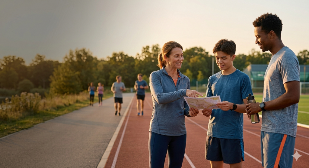 Lauftrainerin gibt Sportlern Tipps zur Trainingsplanung auf einer Laufstrecke – Ratgeber für Fitness und Gemeinschaft.