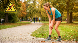 Eine Läuferin steht mit schmerzverzerrtem Gesicht auf einem Parkweg und hält sich die Wade. Links oben ist ein gelbes Warnschild mit einem durchgestrichenen Läufer zu sehen, das auf typische Anfängerfehler hinweist.