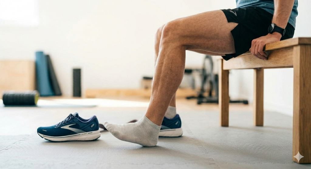 Sitzende Kräftigung des Musculus tibialis anterior: Läufer zieht die Zehen aktiv nach oben, um Schienbeinkante zu stärken.