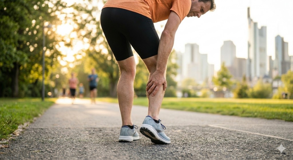 Nahaufnahme der Beine eines Läufers von hinten auf einem Parkweg vor der Frankfurter Skyline, dessen Hand schmerzhaft an die Schienbeinkante (Shin Splints) greift.