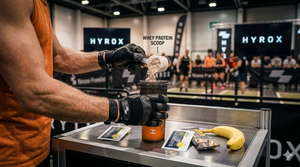 Detailaufnahme der Hände des HYROX-Athleten, die Proteinpulver in den Shaker geben. Auf der Recovery-Station liegen Elektrolyt-Tabs und eine Banane.