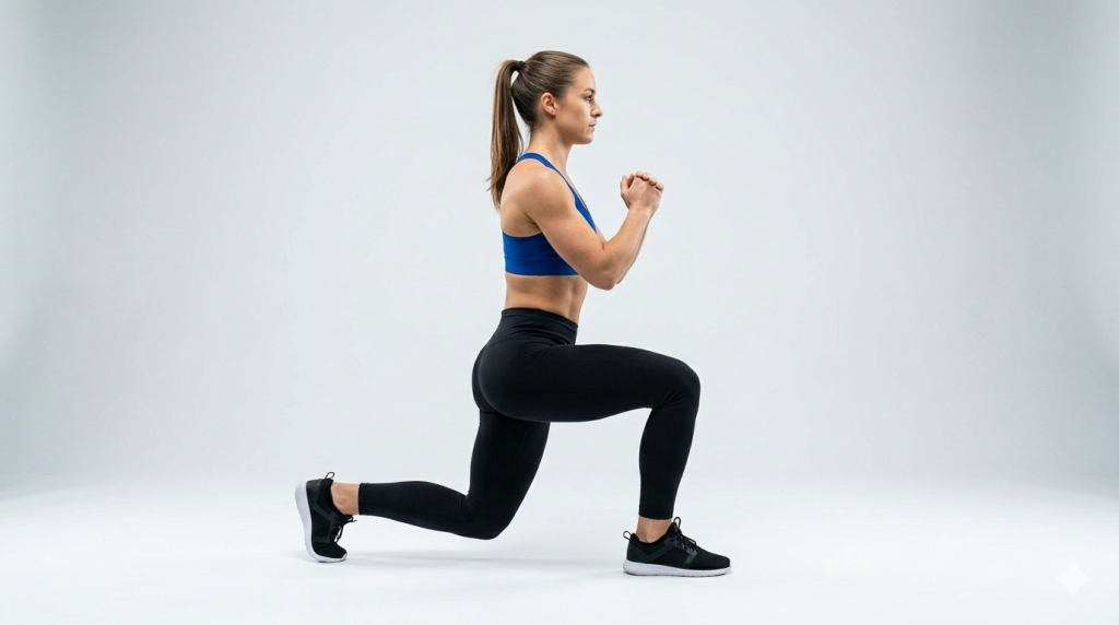 Professionelles Übungsbild der Ausfallschritt-Übung (Lunge) von der Seite. Eine Sportlerin in blauer und schwarzer Kleidung führt die Bewegung aus, wobei das vordere Knie im 90-Grad-Winkel über dem Fuß positioniert ist und das hintere Knie fast den Boden berührt, um Oberschenkel und Gesäß zu kräftigen.