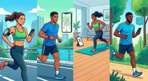 Vergleich der besten kostenlosen Trainingsapps 2026 für Laufen und Fitness: Szenen mit Strava, Adidas Running, Nike Training Club und ASICS Runkeeper auf dem Smartphone.