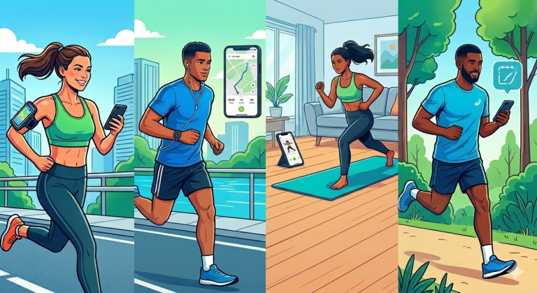 Vergleich der besten kostenlosen Trainingsapps 2026 für Laufen und Fitness: Szenen mit Strava, Adidas Running, Nike Training Club und ASICS Runkeeper auf dem Smartphone.