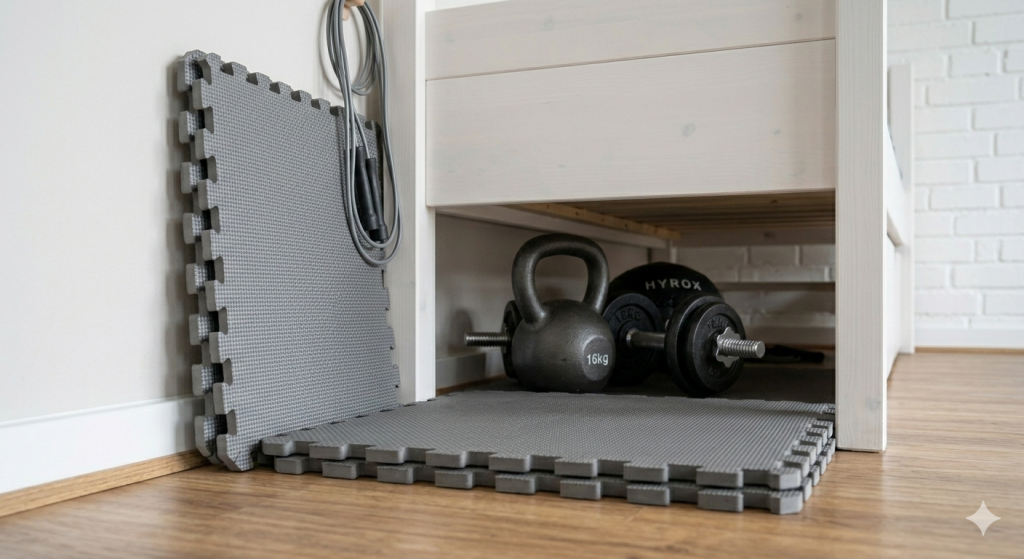 Nahaufnahme einer platzsparenden Lagerung von HYROX Equipment in einer Wohnung. Zwei graue Puzzle-Matten-Teile sind an eine Fußleiste gelehnt, während eine Kettlebell und Hanteln ordentlich unter einem weißen Bettgestell verstaut sind.