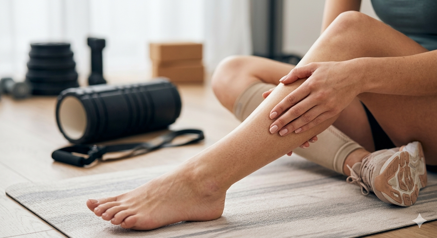 Läufer hält sich schmerzendes Schienbein bei Schienbeinkantensyndrom (Shin Splints) auf einer Trainingsmatte mit Faszienrolle im Hintergrund.