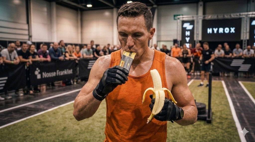 Nahaufnahme des HYROX-Athleten, der in der Messe Frankfurt eine Banane hält und aus einem Koffein-Gel-Beutel trinkt