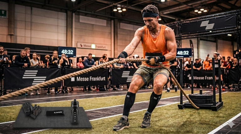 Ein athletischer Mann mit orangefarbenem Tanktop, Stirnband und Kompressionssocken zieht während eines HYROX-Wettkampfs in einer Messehalle kraftvoll an einem dicken Seil, das an einem schweren Schlitten befestigt ist. Im Vordergrund sind auf einer kleinen Matte Grip-Handschuhe und eine Trinkflasche bereitgelegt.