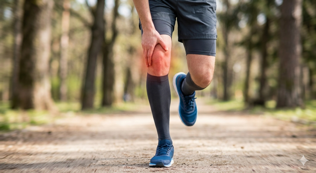 Nahaufnahme eines Läufers in Bewegung, der eine Hand an die schmerzende Außenseite seines linken Knies drückt, das leicht rot aufleuchtet. Er trägt Sportkleidung und blaue Laufschuhe auf einem Waldweg.
