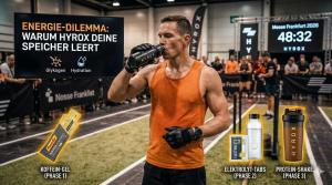 Ein HYROX-Athlet in der Messe Frankfurt trinkt aus einer Sportflasche, während im Bildvordergrund wichtige Ernährungs-Essentials für das Rennen eingeblendet sind: Ein Koffein-Gel für Phase 1, Elektrolyt-Tabs für Phase 2 und ein Protein-Shake für die Recovery in Phase 3. Ein Monitor im Hintergrund zeigt den Titel 'Energie-Dilemma: Warum HYROX deine Speicher leert'