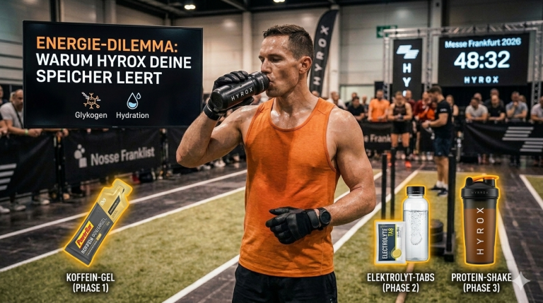 Ein HYROX-Athlet in der Messe Frankfurt trinkt aus einer Sportflasche, während im Bildvordergrund wichtige Ernährungs-Essentials für das Rennen eingeblendet sind: Ein Koffein-Gel für Phase 1, Elektrolyt-Tabs für Phase 2 und ein Protein-Shake für die Recovery in Phase 3. Ein Monitor im Hintergrund zeigt den Titel 'Energie-Dilemma: Warum HYROX deine Speicher leert'