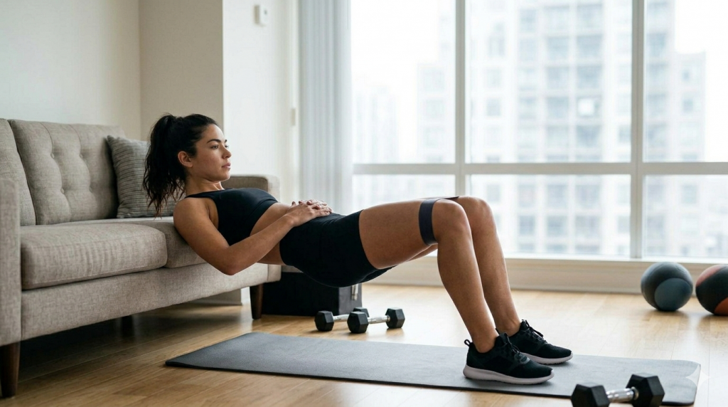 Die blonde Athletin führt im hellen Wohnzimmer auf einer grauen Matte Hip Thrusts aus. Ihr oberer Rücken lehnt am grauen Sofa, die Hüfte ist angehoben. Ein schwarzes Widerstandsband um ihre Oberschenkel sorgt für zusätzliche Aktivierung.