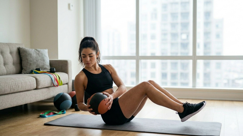 Die blonde Athletin führt im hellen Wohnzimmer auf einer grauen Matte Russian Twists aus. Sie sitzt mit leicht angehobenen Füßen, hat den Oberkörper zurückgelehnt und hält einen schwarzen Medizinball mit beiden Händen vor der Brust, während sie den Rumpf kontrolliert zur Seite dreht.