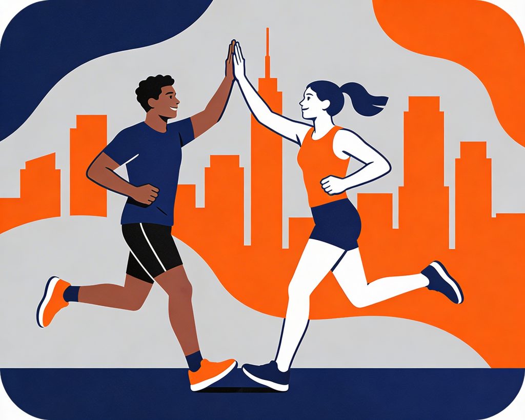 Läufer geben sich high five mit Skyline im Hintergrun