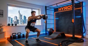 HYROX Home-Gym Setup in kleiner Frankfurter Wohnung: Athlet mit Kettlebell, Kurzhanteln, Matte und Wall Ball für Frankfurt 2026 Training