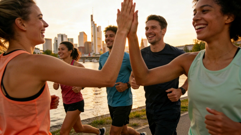 Gruppe von Läufern in Action während des Montagslauftreffs am Mainufer in Frankfurt bei Abendlicht, lachende Gesichter und energiegeladene Community-Atmosphäre mit Skyline im Hintergrund